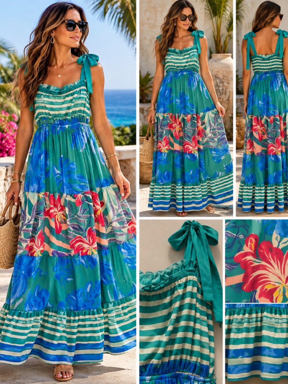 Flying Tomato Dress Womens S Tropical Floral Striped Tiered Maxi Resort Boho